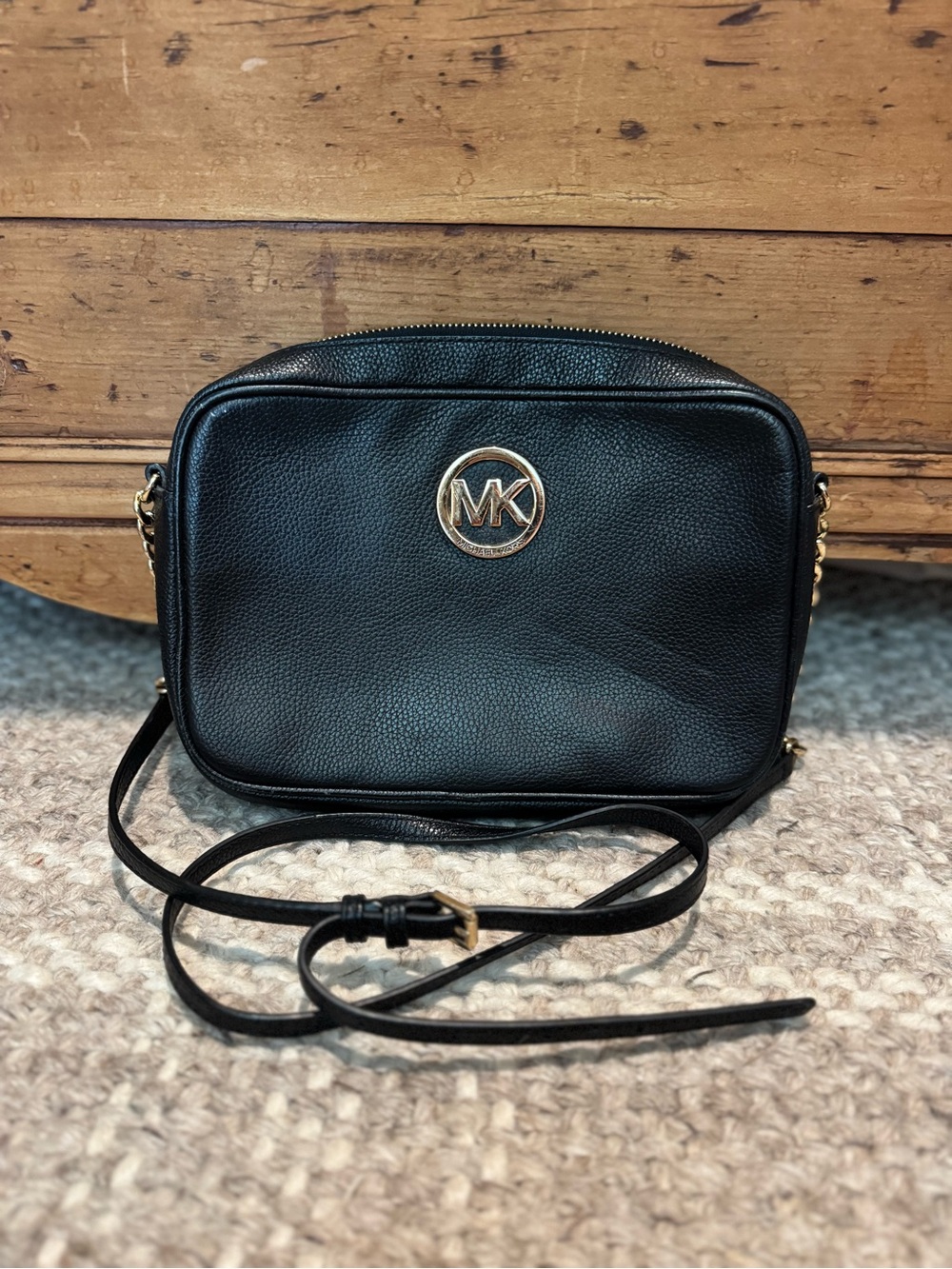 Michael Kors Black Pebbled Leather Crossbody with Gold MK Logo